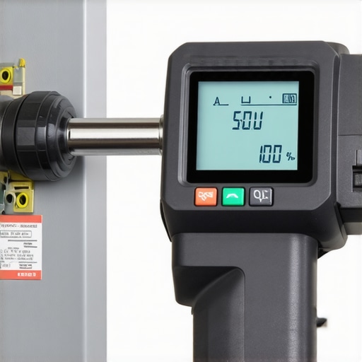 Close-up of an electrician using a torque wrench on a circuit breaker for code compliance.