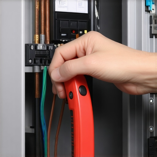 Close up of a torque wrench being used on an electrical panel terminal for an EV charger installation.