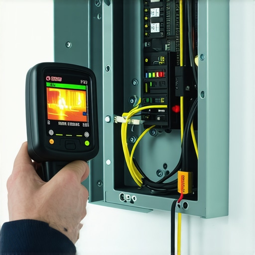 Technician using a thermal camera to inspect an EV charger electrical panel for hotspots.