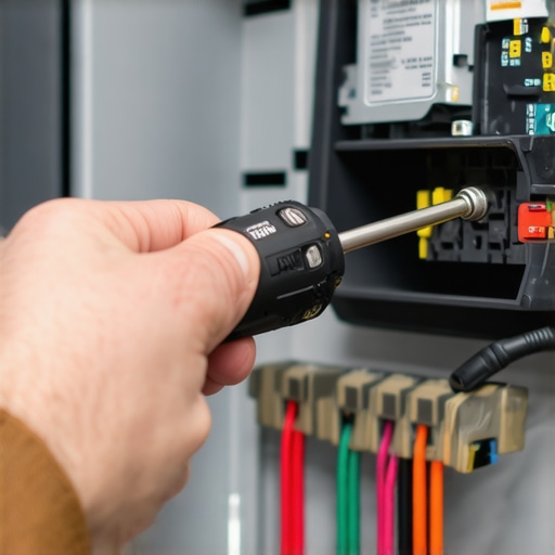 Electrician tightening terminals in a breaker panel for an EV charging circuit to ensure code compliance.