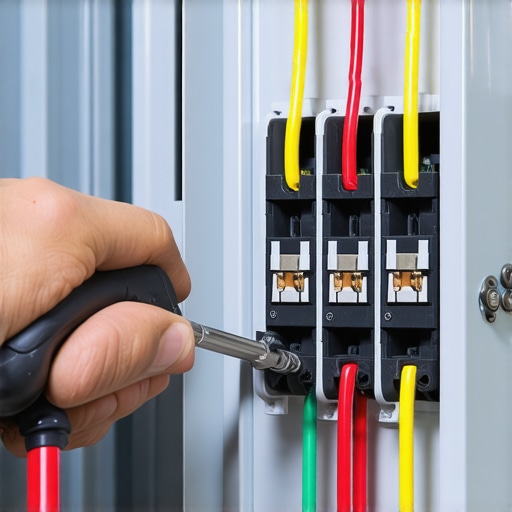 A high-precision torque screwdriver being used to tighten terminal lugs in an electrical panel for an EV charger.