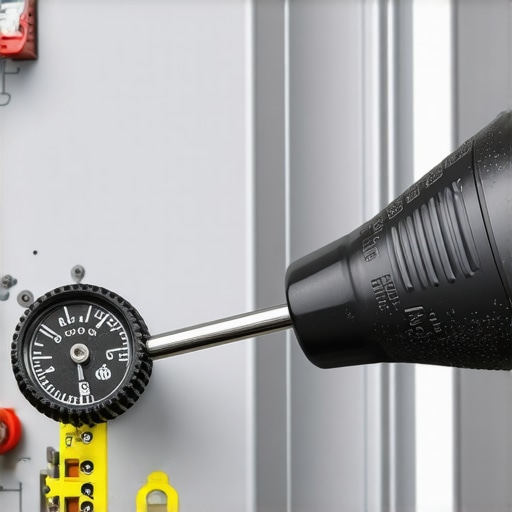 Close-up of an electrician using a torque screwdriver on a breaker terminal