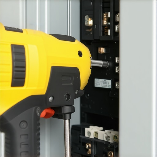 Electrician tightening EV breaker terminals with a precise torque screwdriver inside a home panel
