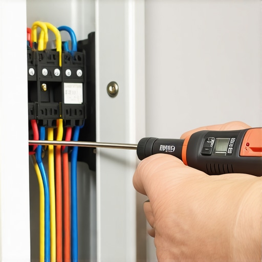 Electrician tightening an EV charger breaker terminal with a torque wrench to ensure a safe connection.