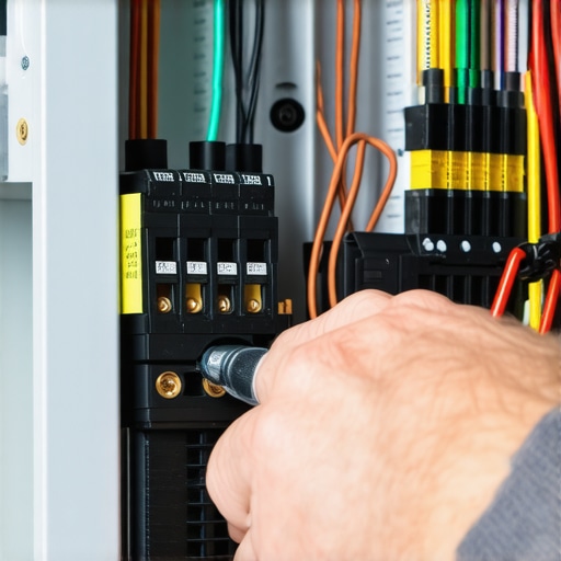 Electrician tightening breaker terminals with a torque wrench to prevent panel fires