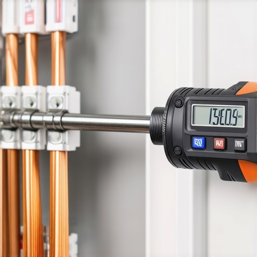 Close-up of an electrician using a torque wrench to secure electrical connections for an EV charger.