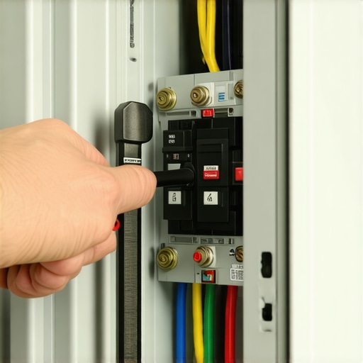Technician tightening a high-load circuit breaker wire with a torque wrench to prevent overheating.