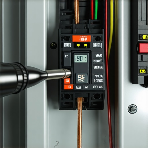 Using a torque wrench on an EV circuit breaker A close-up of a digital torque screwdriver tightening a wire terminal in an electrical panel for an EV charger.