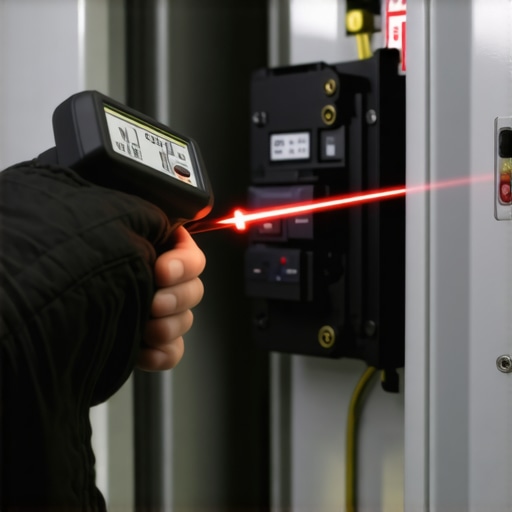 An infrared thermometer checking a circuit breaker temperature during EV charging.