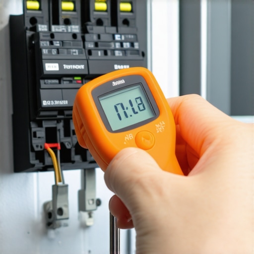 Infrared thermometer checking breaker temperature in an EV-ready electrical panel