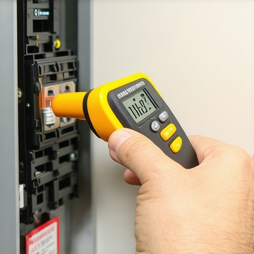 Infrared thermometer measuring heat on a 50-amp EV breaker