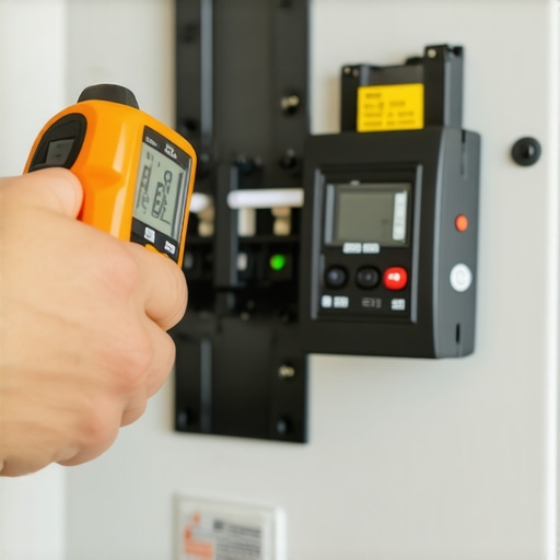 Digital infrared thermometer measuring temperature of electrical breakers in a home panel