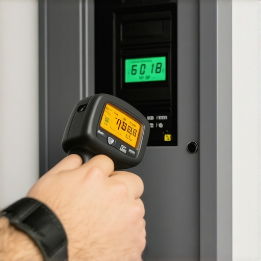 Close up of a person checking the temperature of an EV charger breaker with an infrared thermometer for safety.