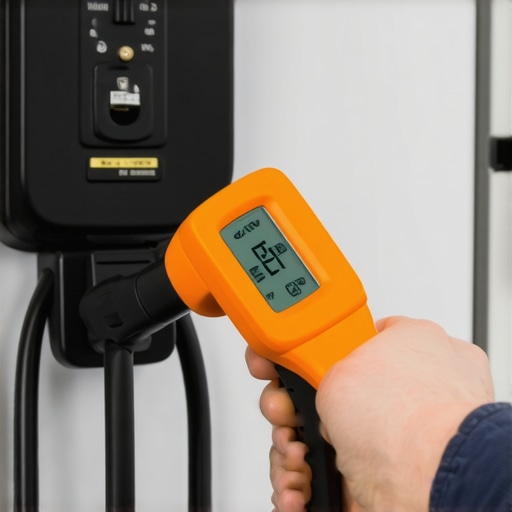 Using an Infrared Thermometer for EV Safety Homeowner checking EV charger plug temperature with infrared thermometer for maintenance