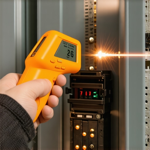 An infrared thermometer scanning an electrical panel for heat during an EV charging session.