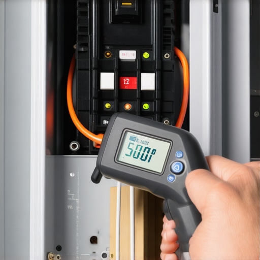 An infrared thermometer measuring the heat of an EV charger circuit breaker for safety maintenance.