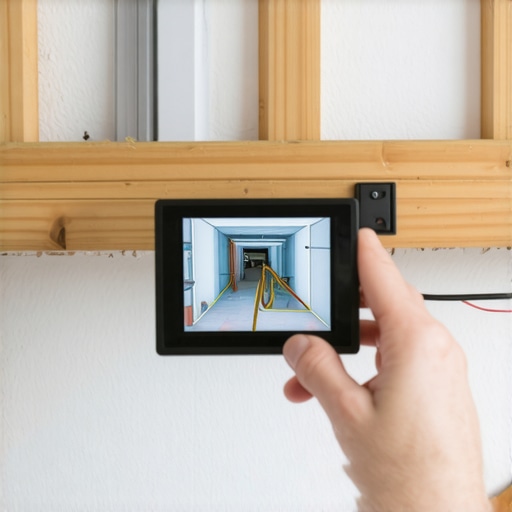 Hand holding a digital borescope to view inside a finished drywall ceiling for EV conduit routing.