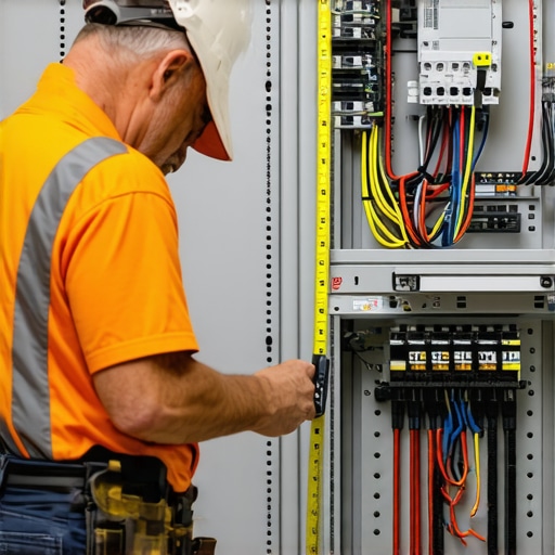 An electrician measuring the physical clearance in front of an EV charging panel to ensure code compliance.